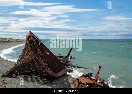 Wreckages on San Gregorio beach, Chile historic site. Beached ships Stock Photo