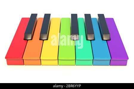 Multi colored piano keys One octave front view 3D render illustration isolated on white background Stock Photo