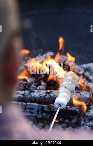 Man roasting white marshmallows on a metal skewer over the hot coals of a campfire in an over the shoulder focus on the candy Stock Photo