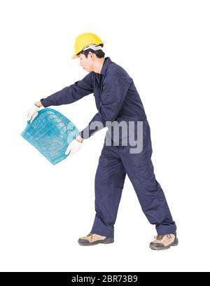 Young worker in uniform hold Hod or clam-shell shaped basket is a construction tools  ,Cut out isolated on white background Stock Photo