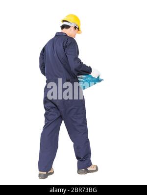 Young worker in uniform hold Hod or clam-shell shaped basket is a construction tools  ,Cut out isolated on white background Stock Photo