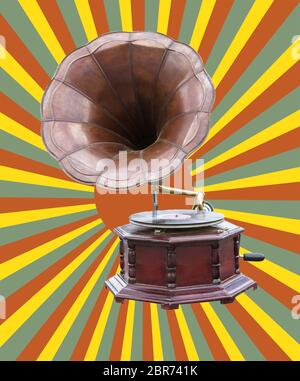 Old bronze gramophone with retro  sun rays Stock Photo