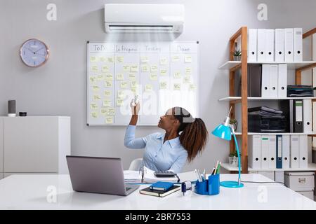 Young Businesswoman Operating Air Conditioner With Remote Controller In Office Stock Photo