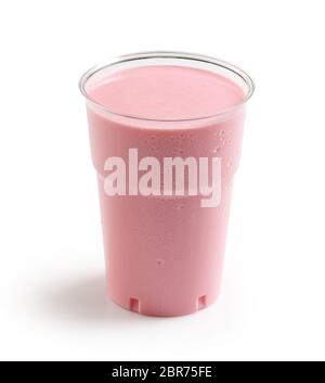 Strawberry milkshake in plastic takeaway cup isolated on white