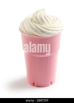 pink strawberry milkshake with whipped cream in plastic take away cup isolated on white background Stock Photo