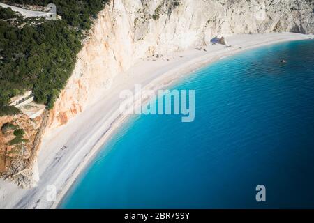 Aerial view of the famous beach of Porto Katsiki on the island of Lefkada in the Ionian Sea in Greece. Empty beach of Lefkada Stock Photo