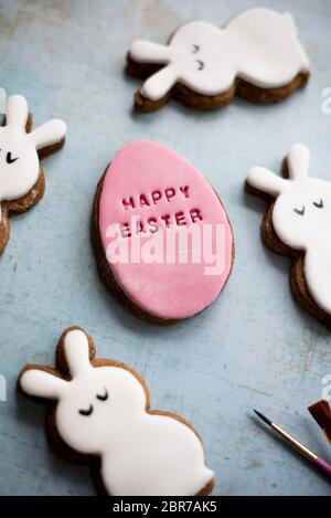 Easter Fondant Covered Gingerbread Egg And Bunny Biscuits Stock Photo