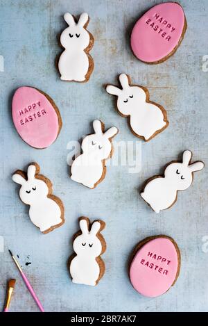 Easter Fondant Covered Gingerbread Egg And Bunny Biscuits Stock Photo