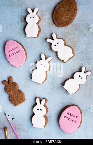 Easter Fondant Covered Gingerbread Egg And Bunny Biscuits Stock Photo