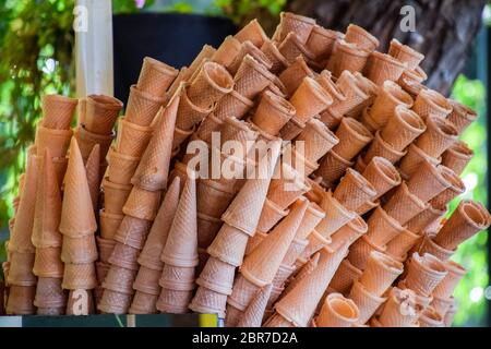 Waffle empty cups for ice cream Waffle empty, cups Stock Photo