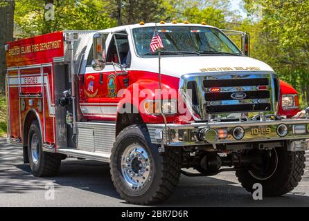 Large red and white Shelter Island fire department truck Stock Photo