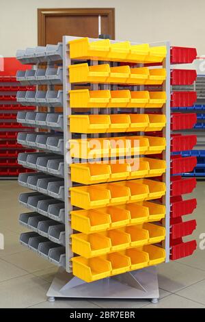 Storage Organizer Cart With Plastic Sorting Bins Stock Photo
