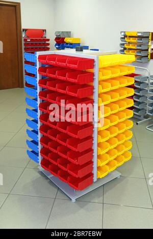 Storage Organizer Cart Tower With Plastic Bins Sorting Stock Photo