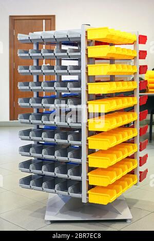 Storage Organizer Tower With Plastic Bins and Trays Stock Photo
