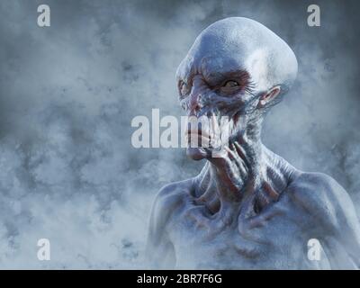 Portrait of an alien creature surrounded by smoke while gazing into the future, 3D rendering. Stock Photo