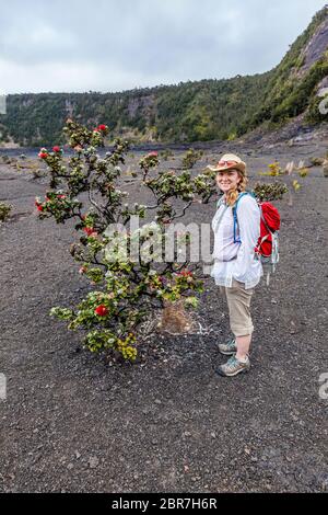 A woman standing next to a ʻōhiʻa lehu tree on the crater floor of Kilauea Iki Crater April, 2017, Hawai'i Volcanoes National Park, Hawaii, USA. Stock Photo