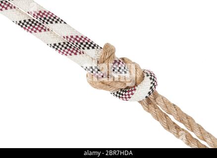 another side of surgeon's knot joining different ropes close up isolated on white background Stock Photo