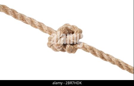 Oysterman's stopper Knot tied on thick jute rope isolated on white background Stock Photo