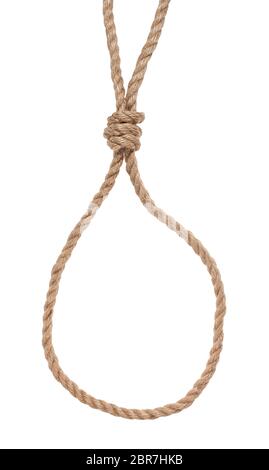 slip noose with gallows knot tied on thick jute rope isolated on white background Stock Photo