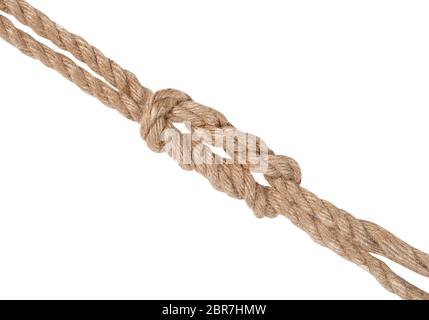 academic knot, variation of surgeon's knot, double reef knot joining two ropes isolated on white background Stock Photo