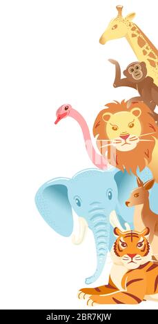 Animal faces vertical web banner on white background. Zoo cartoon characters vector illustration with empty space. Wildlife template design for bookmark. Animals advertising concept for greeting card. Stock Vector