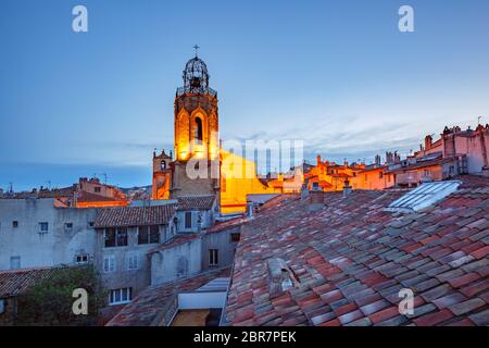Belltower of church of the Holy Ghost in Aix-en-Provence during morning blue hour, Provence, France Stock Photo
