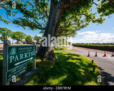 Entrance of Craigielaw golf club with traffic cones blocking access during Covid-19 pandemic lockdown, East Lothian, Scotland, UK Stock Photo