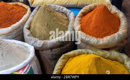 large bags of ground spices at the spice market of chandni chowk in old delhi Stock Photo