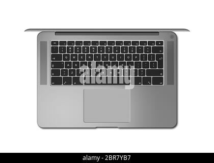 Dark silver Open laptop. Top view 3D render illustration isolated on white Stock Photo