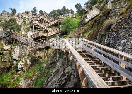 Arouca, Portugal - April 28, 2019: Staircase of the Paiva Walkways meandering through the rocky slope, near Arouca in Portugal. Stock Photo