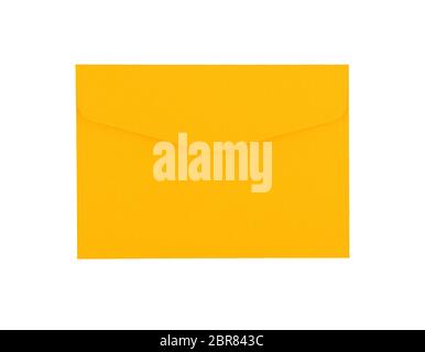 Closed blank vivid yellow paper envelope isolated on white background, flat lay, directly above Stock Photo