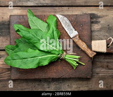 bunch of fresh green sorrel leaves and old brown cutting board on a wooden table, top view Stock Photo