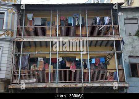 Historic apartment buildings on the main road of Kala Ghoda near Fort and Churchgate, Mumbai, India. Stock Photo