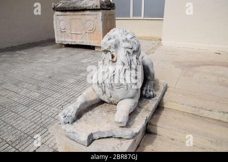 Ancient Marble statue of a lion at the entrance to the museum of Antalya. Stock Photo