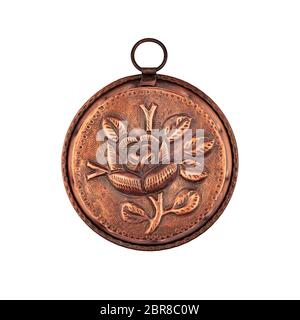 Vintage copper baking dish with rose flower pattern isolated top view Stock Photo