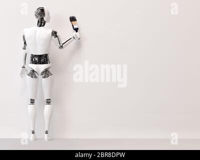 3D rendering of a male robot holding a big paint brush with black paint, ready to start writing your message on the blank wall. Light gray background Stock Photo