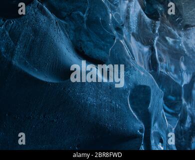 A close-up of the blue glacier ice in a glacier cave