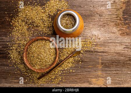 Flat lay of mate tea in a traditional calabash gourd Stock Photo