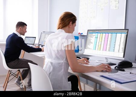 Side View Of Male And Female Businesspeople Sitting In Office Examining Report On Computer Stock Photo