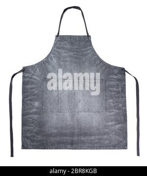 Dark gray jeans apron on white background. Clean gray denim apron isolated on white with clipping path. Stock Photo