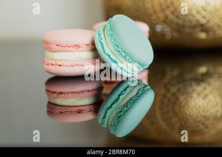 Homemade Fresh Colorful French macarons cake, on natural concrete wooden background. Food concept with copy space. Horizontal image Stock Photo