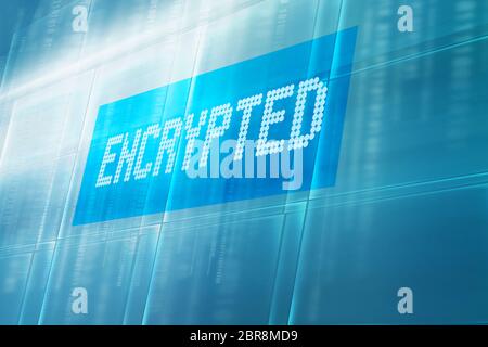 Encrypted text on digital screen, digital technology protected data storage concept Stock Photo