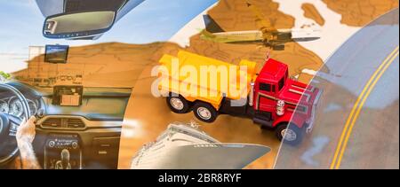 Abstract design background,Trucks and transport. Highway and delivering. Collage with double exposure. Logistics concept Stock Photo