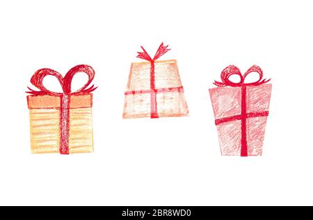 Set of three christmas gifts. Festive boxes in wrapping paper with red ribbons. Bright colored objects isolated on a white background. New year concep Stock Photo