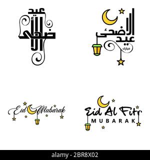 Modern Pack of 4 Vector Illustrations of Greetings Wishes For Islamic Festival Eid Al Adha Eid Al Fitr Golden Moon & Lantern with Beautiful Shiny Star Stock Vector