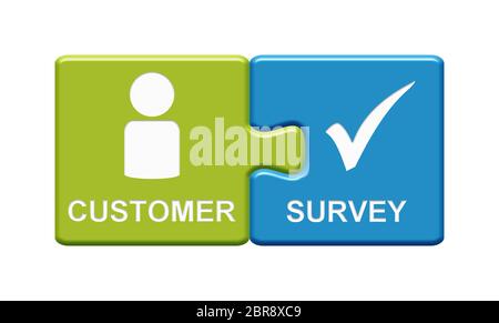 Isolated Puzzle Button with two pieces showing Customer Survey with tick symbol Stock Photo