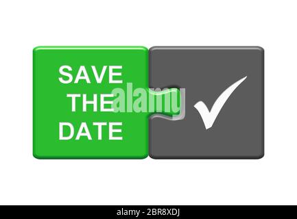 Isolated Puzzle Button with two pieces showing Save the Date with tick symbol Stock Photo