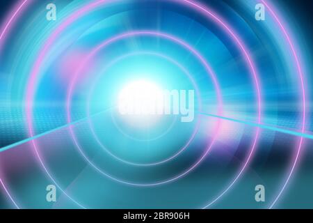 Graphical virtual neon light tunnel theme, abstract technology background, multiple lines and circles going to center point Stock Photo