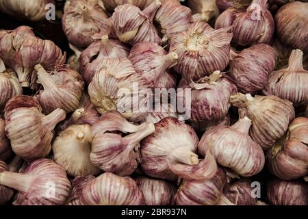 A close-up shot of an abundance of fresh garlic bulbs on display at a market stall. Stock Photo