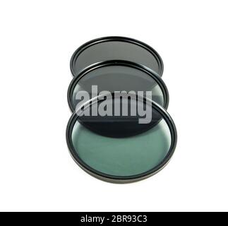 camera nd (Neutral-density ) filter on white background. Stock Photo